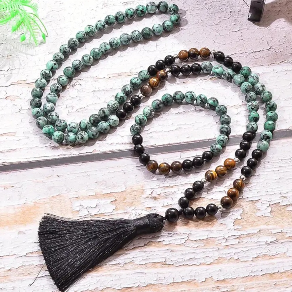 African turquoise, obsidian and tigers eye mala and bracelet set - Picture 1 of 7